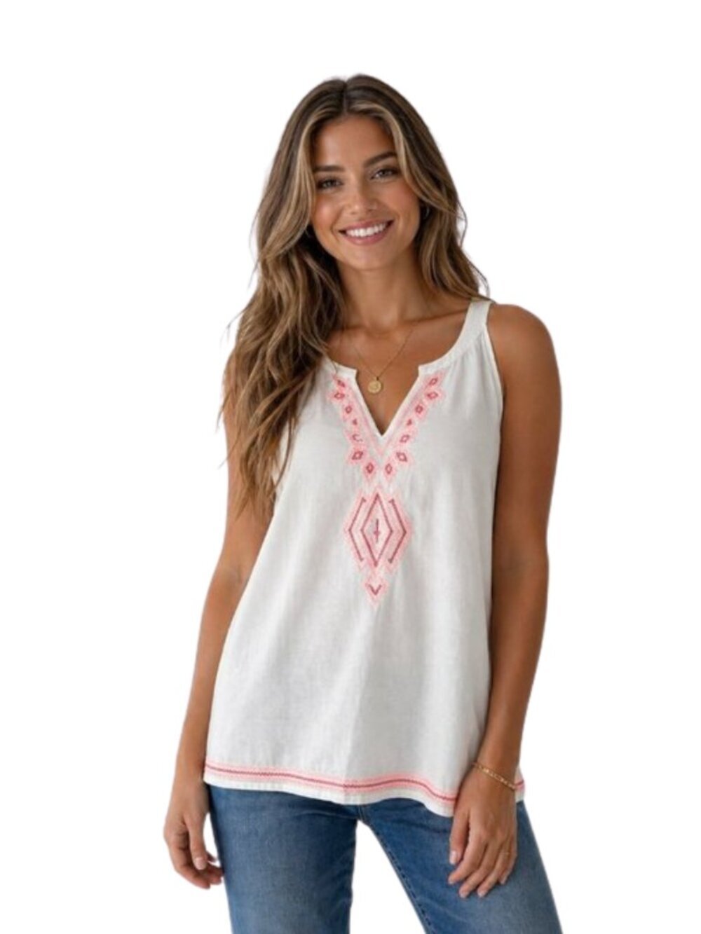 Old Navy Boho Embroidered Tank Top Medium White Cotton Festival